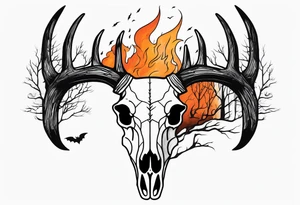 Halloween side view of a DECAYING deer skull JUST BONE surrounded by a forest fire in background tattoo idea