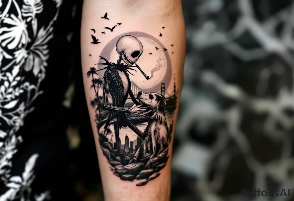 jack skellington with dog,smoking a blunt and fishing,surrounded by city buildings,golden gate bridge, birds, palm trees, tattoo idea