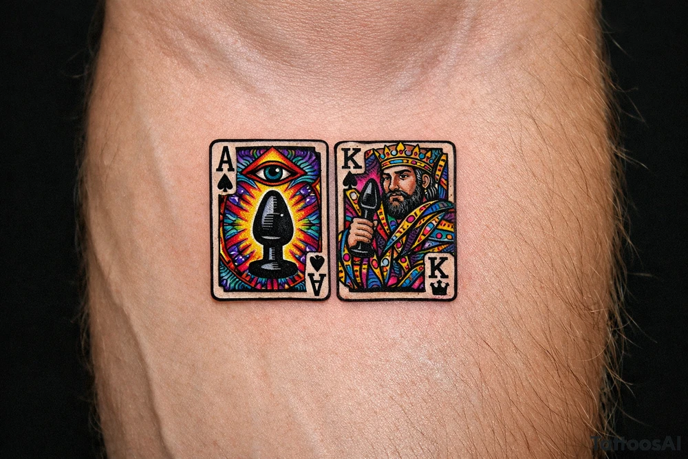 two playing cards ace and king with a butt plug suit tattoo idea