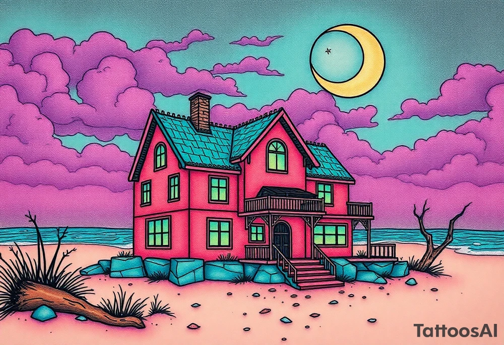 Tim Burton’s haunted pastel beach home is abandoned and dripping with muted reds, dusty pinks, and eerie green glow.purple and cyan smokey clouds swirl in the crescent moonlit sky thats sprinkled with stars tattoo idea tattoo idea