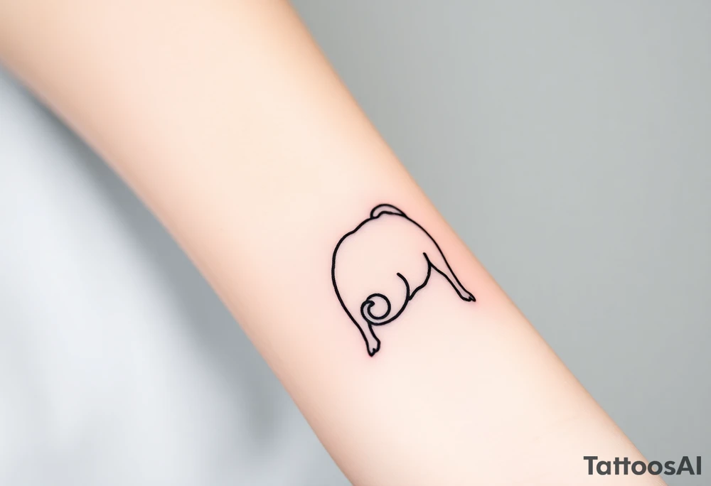 Small pug outline from behind with curly tail tattoo idea