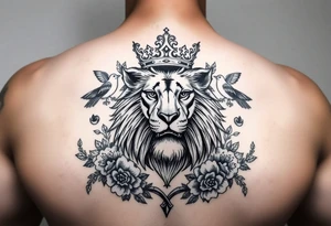 powerful majestic lion with a crown, surrounded by floral ornaments and birds tattoo idea