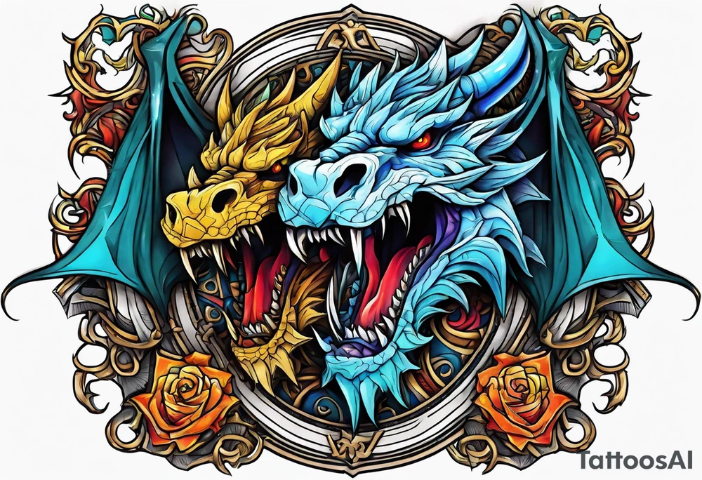 roaring dragons wizard and skull tattoo idea