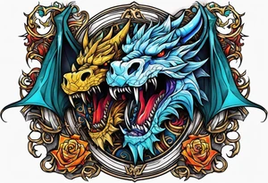 roaring dragons wizard and skull tattoo idea