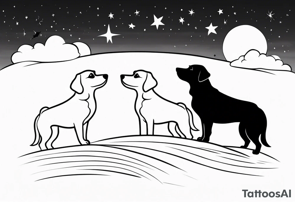 3 black silhouettes of dogs looking up at the night sky tattoo idea