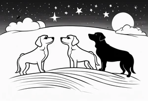 3 black silhouettes of dogs looking up at the night sky tattoo idea