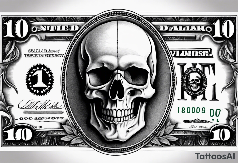 A 100 dollar bill with a skull faced president underneath a burning clock tattoo idea