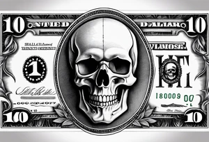 A 100 dollar bill with a skull faced president underneath a burning clock tattoo idea