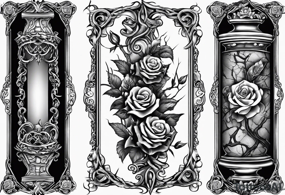 tattoo fool sleeve, old broken gothic home, broken sword, tree roots break out of the chains, roses tattoo idea