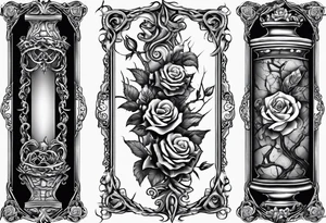 tattoo fool sleeve, old broken gothic home, broken sword, tree roots break out of the chains, roses tattoo idea