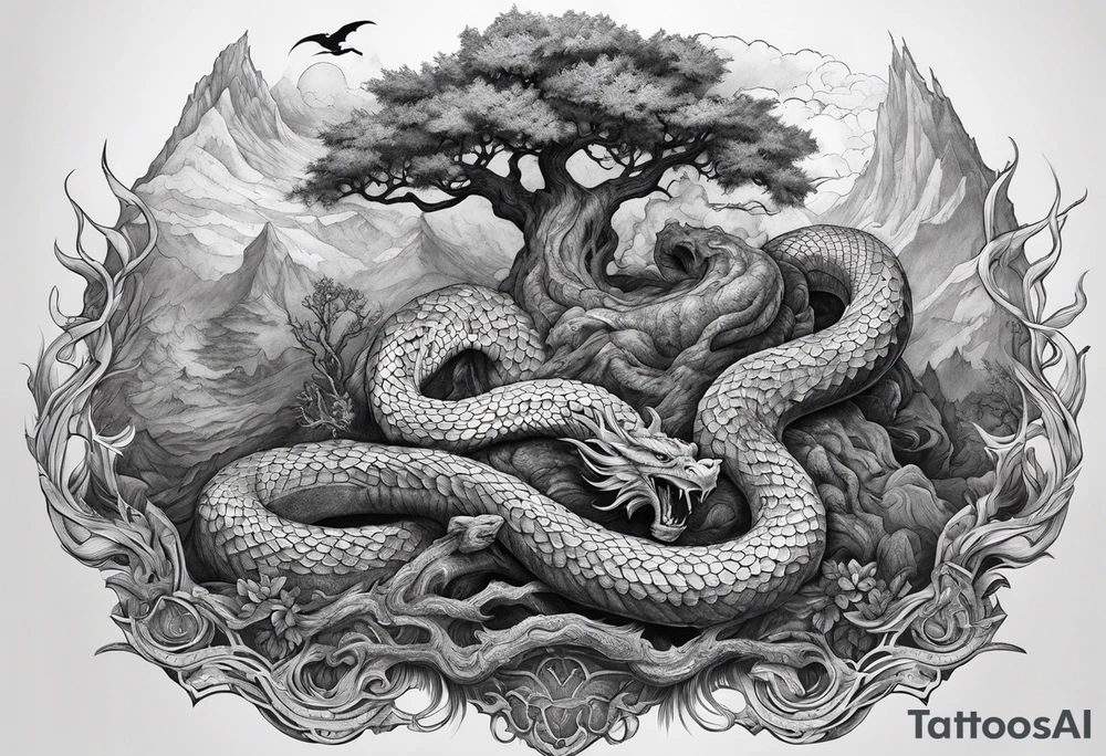 Norse mythology, ultra detail, realistic, nidhogg, serpent,  world tree, tattoo idea