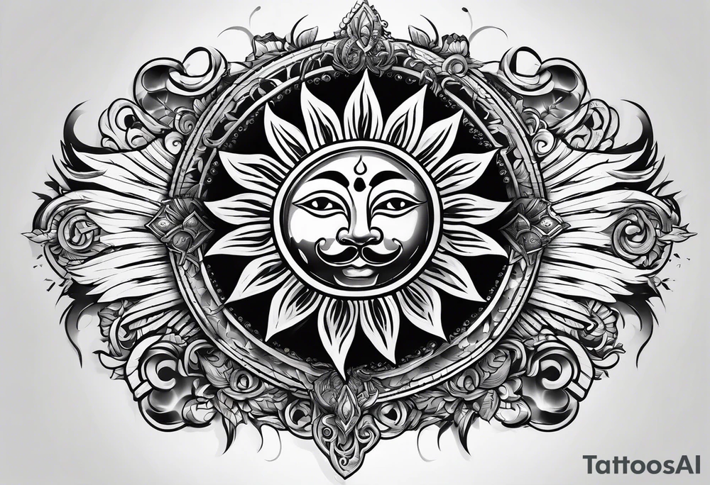 protective shield with a sun with hair tattoo idea