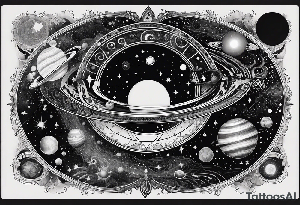 A tattoo featuring a cosmic scene with planets, black holes, and supernovae intertwined with intricate linguistic symbols, reflecting the client's interests in cosmology and linguistics. tattoo idea