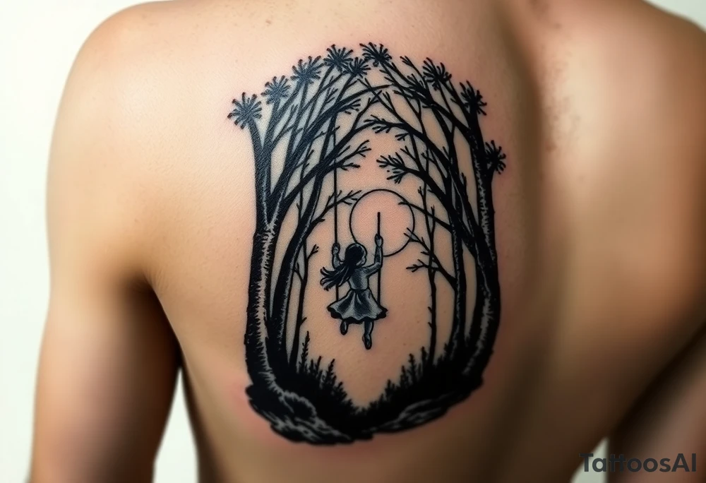 Little girl swinging in dark forest with the sun coming up but hasn’t reached her yet on arm tattoo idea
