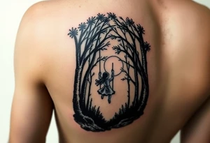 Little girl swinging in dark forest with the sun coming up but hasn’t reached her yet on arm tattoo idea
