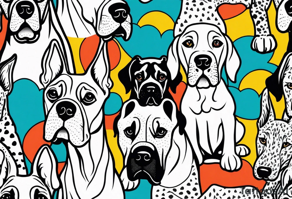 Arm sleeve that has 4 separate small Great Dane heads mixed in with other fill work that resembles the outdoors tattoo idea