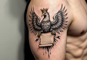 The Silesian eagle with golden crown gripping an ancient parchment slightly burnt, giving it an aged and mystical appearance. tattoo idea