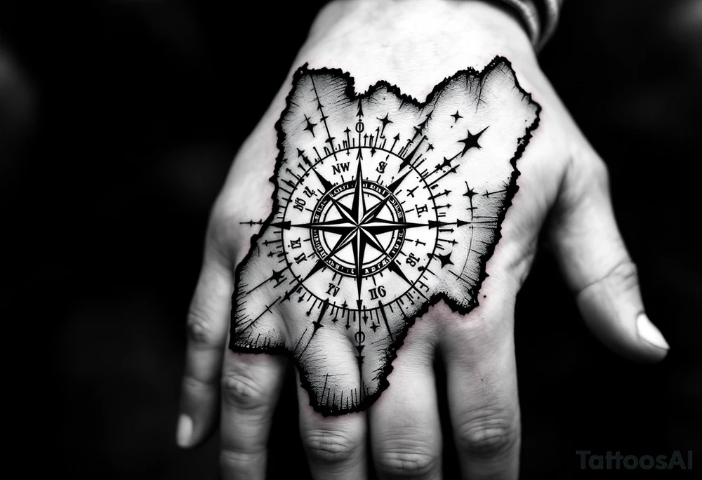 Compass on the hand in the shape of Nigeria with longitude written on the top and latitude written on the bottom. Draw long symmetrical lines leading from the arm connecting to the compass tattoo idea