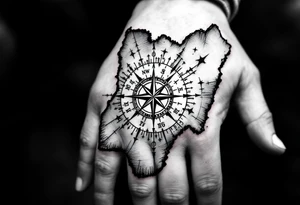 Compass on the hand in the shape of Nigeria with longitude written on the top and latitude written on the bottom. Draw long symmetrical lines leading from the arm connecting to the compass tattoo idea