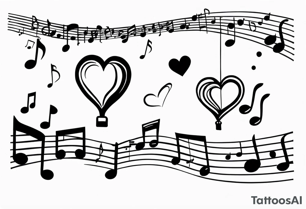 music notes and hearts with balloons tattoo idea