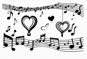 music notes and hearts with balloons tattoo idea