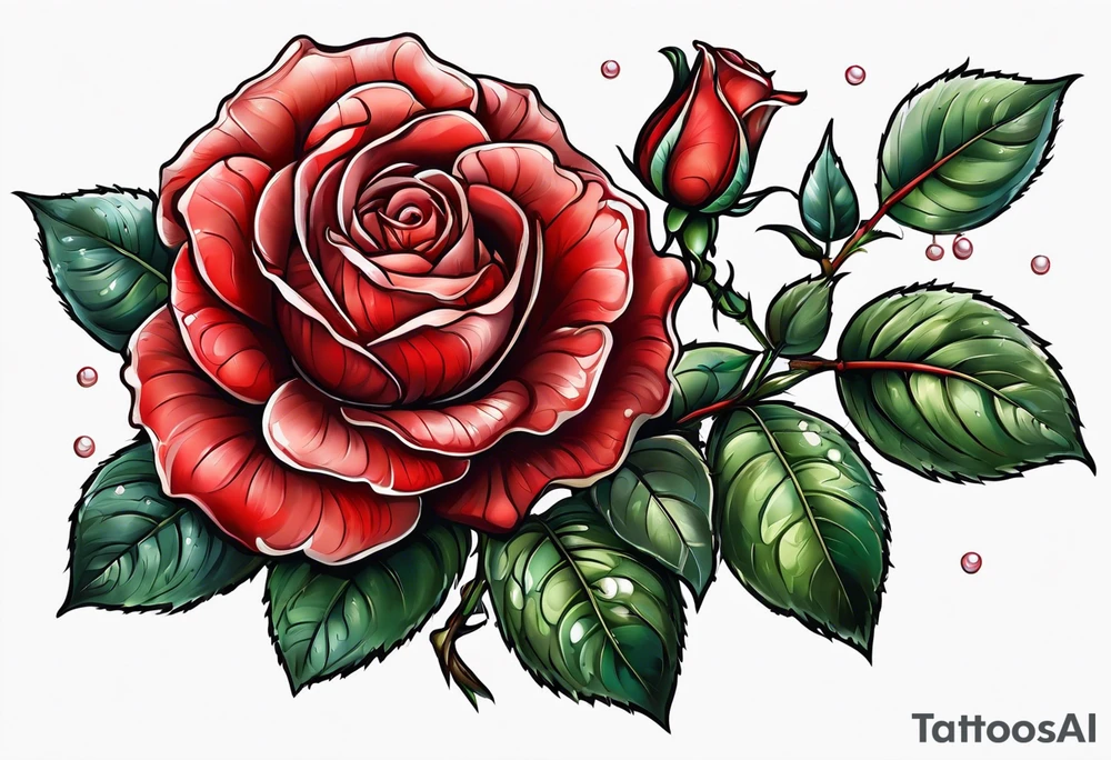 Red rose with a pearl necklace tattoo idea