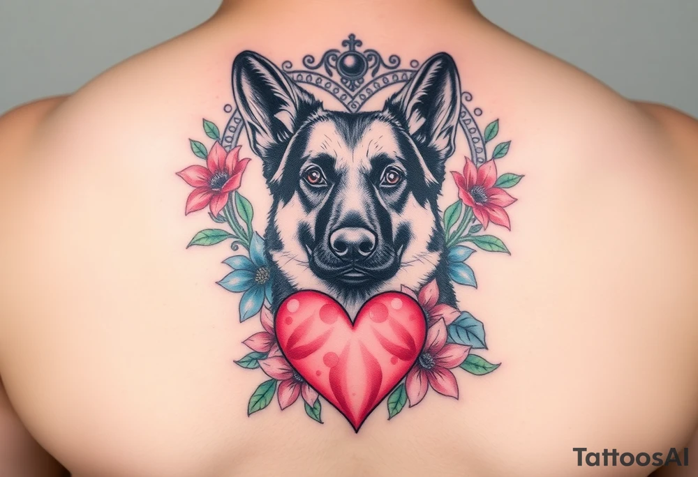 realistic german shepherd dog with floral lilies watercolour style colourful pink blue and green in front of a sacred heart tattoo idea