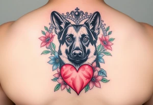 realistic german shepherd dog with floral lilies watercolour style colourful pink blue and green in front of a sacred heart tattoo idea