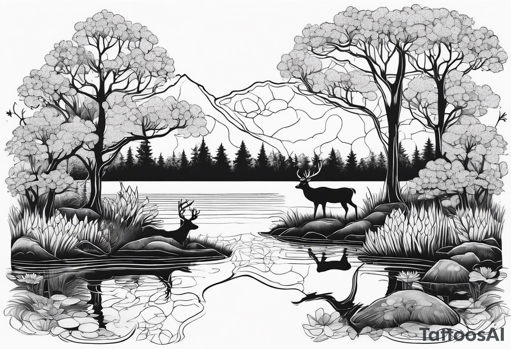 Pond with lots of trees in the background, dogwood flowers , with a deer tattoo idea