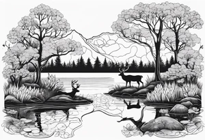 Pond with lots of trees in the background, dogwood flowers , with a deer tattoo idea
