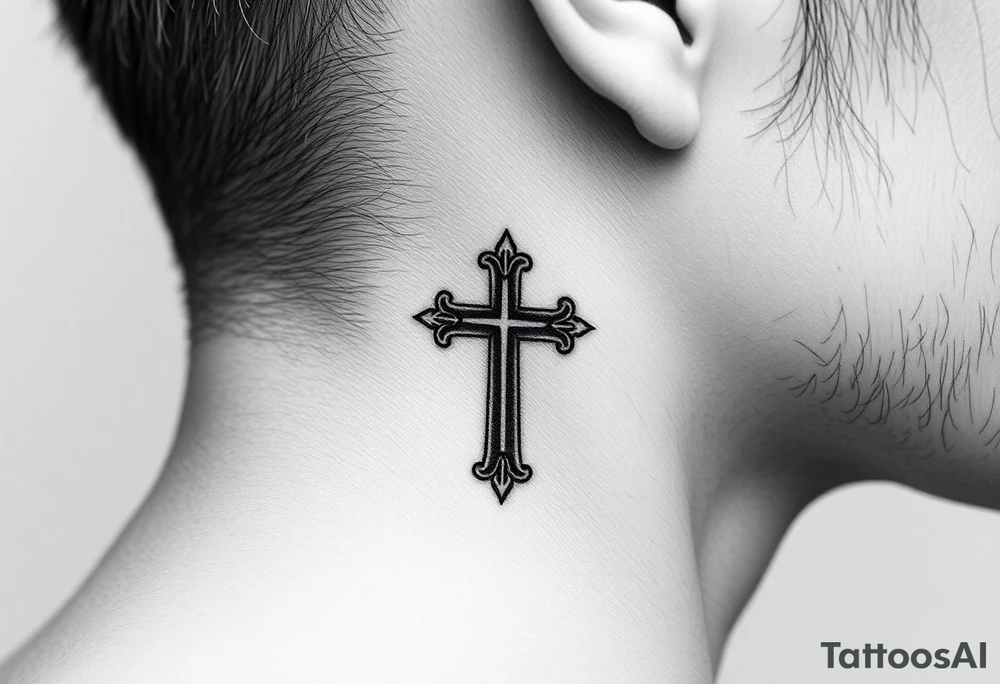orthodox christian cross relatively small on side of left neck tattoo idea