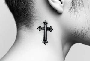 orthodox christian cross relatively small on side of left neck tattoo idea