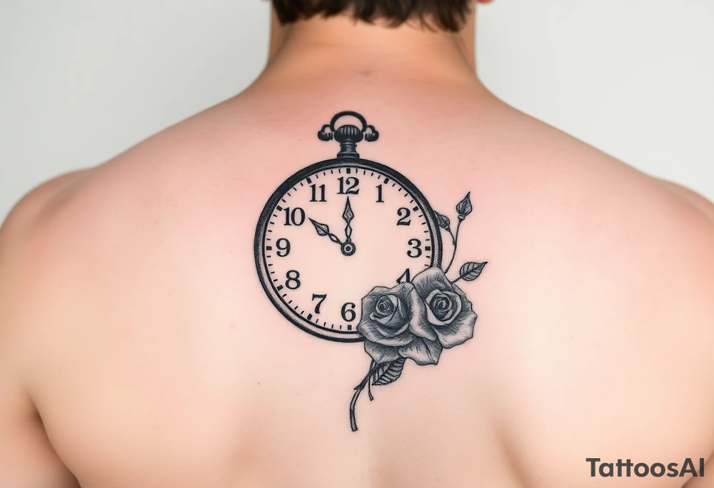 Pencil sketch of clock showing time of 12:56 with rose tattoo idea