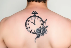 Pencil sketch of clock showing time of 12:56 with rose tattoo idea