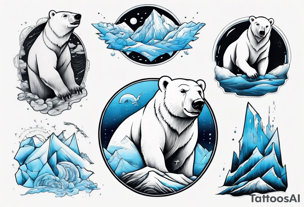 arm tattoo of weather and a little muscular polar bear and ice berg and some nature make colors primary black and white with a little blue tattoo idea