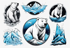 arm tattoo of weather and a little muscular polar bear and ice berg and some nature make colors primary black and white with a little blue tattoo idea