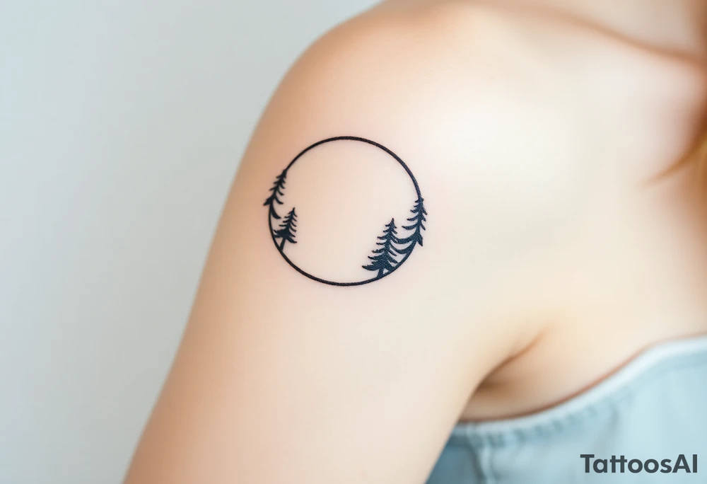 fine-line crescent moon, pine trees growing along one side, stretching upward tattoo idea