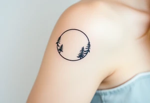 fine-line crescent moon, pine trees growing along one side, stretching upward tattoo idea