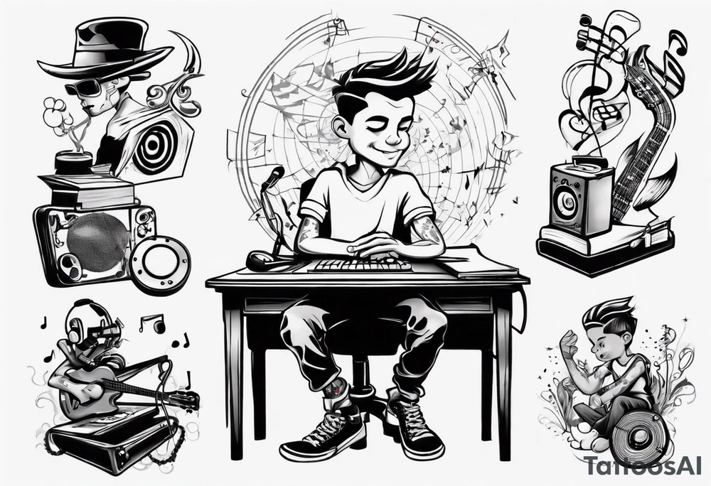 boy sitting at desk humming music tattoo idea