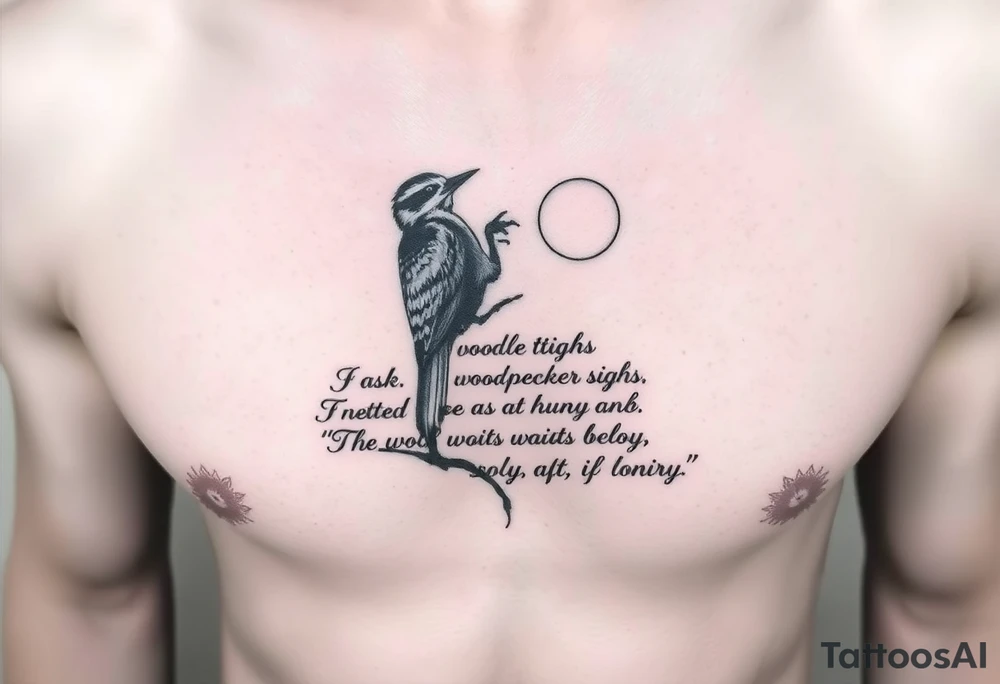“"If only, if only," the woodpecker sighs,

The bark on the tree was as soft as the sky.

As the wolf waits below, so hungry and lonely,

He cries to the moon, "If only, if only."” 
written as a tattoo on rib cage tattoo idea