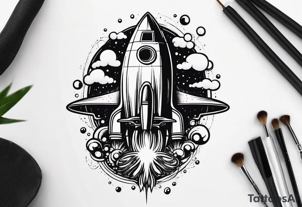thin rocketship with a psychedelic mushroom top with fire coming out the bottom bursting out of bubble as the bubble pops tattoo idea