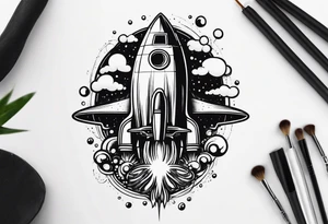 thin rocketship with a psychedelic mushroom top with fire coming out the bottom bursting out of bubble as the bubble pops tattoo idea