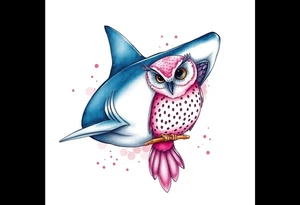 Hammerhead shark eating a pink owl tattoo idea