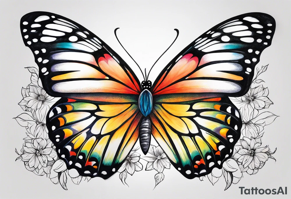 Butterfly: “A vibrant butterfly with colorful wings, resting on a flower, showcasing transformation and beauty.” tattoo idea
