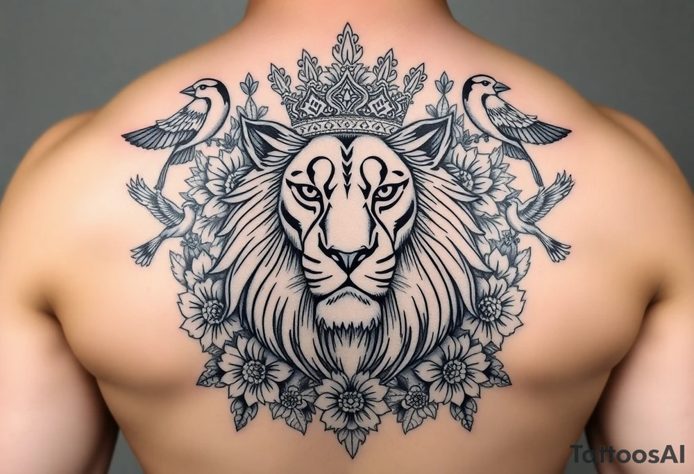 powerful majestic lion with a crown, surrounded by floral ornaments and birds tattoo idea