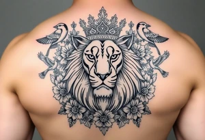 powerful majestic lion with a crown, surrounded by floral ornaments and birds tattoo idea