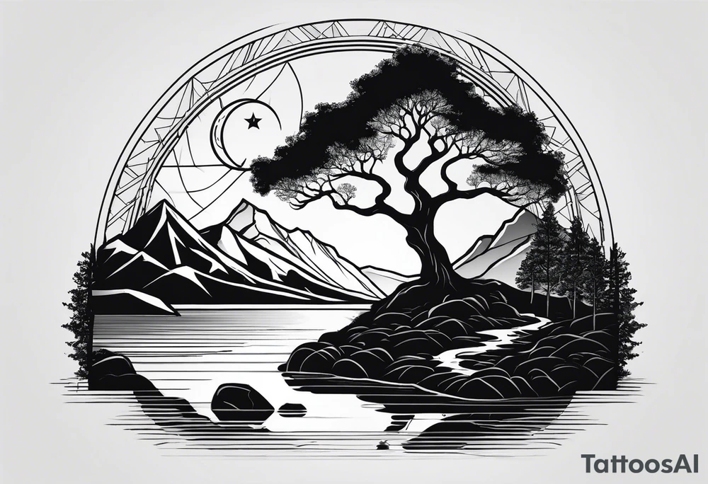 Oak tree by a flowing river with mountains and the sun and crescent moon in the background all inside of a geometric triangle. Some of the image will utilize negative space tattoo idea