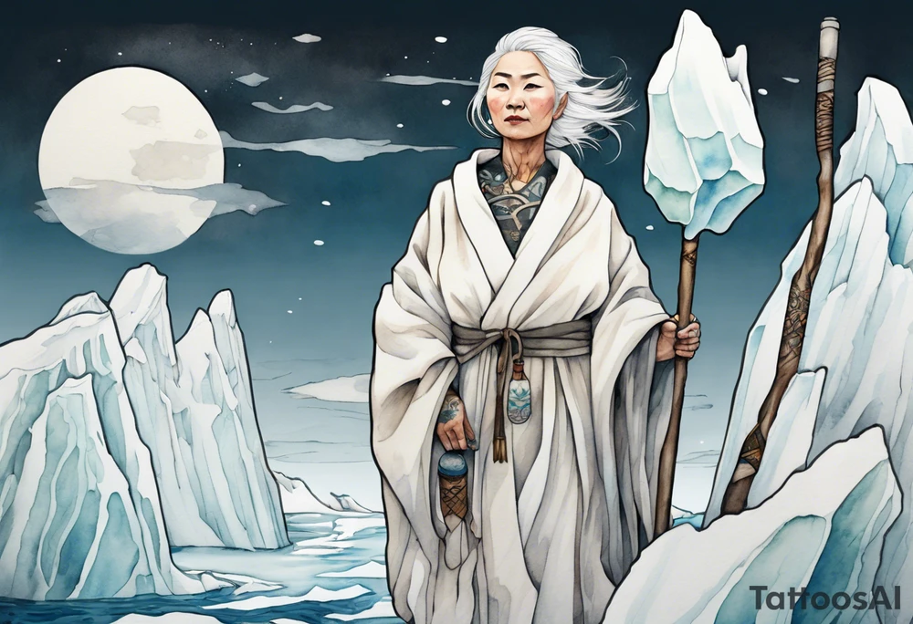 a 40 year old Inuit woman with white hair and a white robe holding a white hiking stick, standing on an iceberg, kind tattoo idea