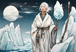 a 40 year old Inuit woman with white hair and a white robe holding a white hiking stick, standing on an iceberg, kind tattoo idea