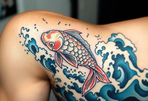 traditional koi fish swimming upstream through turbulent waves tattoo idea